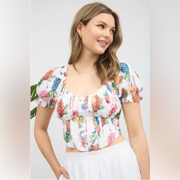Mine Pina Colada Tropical Top Corset Crop Multicolor Puff Sleeve Size M NWOT - Picture 2 of 14